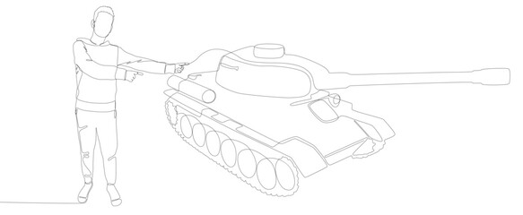 One continuous line of Man pointing with finger at Armored Tank. Thin Line Illustration vector concept. Contour Drawing Creative ideas.