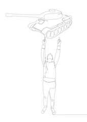One continuous line of Man pointing with finger at Armored Tank. Thin Line Illustration vector concept. Contour Drawing Creative ideas.
