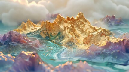 photography mountains a mountain of gold and jade, white clouds and mist, partial details, clean...