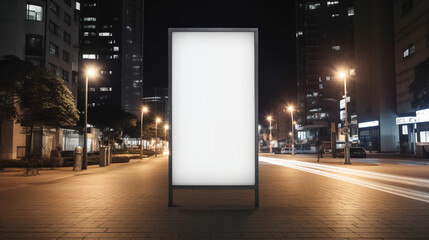 
a Mockup. Blank white vertical advertising banners billboard stand on the sidewalk at night