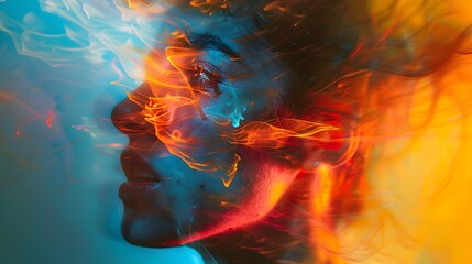 Womans head with colorful smoke and fireworks - obrazy, fototapety, plakaty