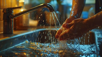 Cinematic Hand Washing in the Kitchen Sink - obrazy, fototapety, plakaty
