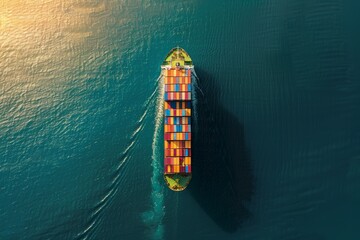 Aerial view of a massive container ship navigating through the open ocean, carrying goods for import and export.