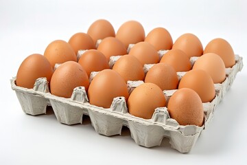 A tray of fresh brown eggs in a studio white backdrop with a space for text or product, Generative AI.