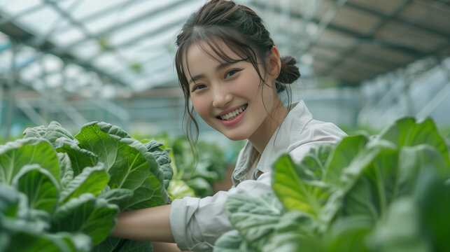 A young woman holds freshly picked napa cabbage in a greenhouse