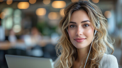 Obraz premium Portrait of Arabic business woman working with headset and laptop computer in office.