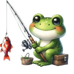 Cute frog sitting and fishing clipart watercolor 


