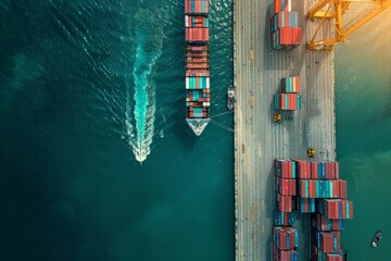 Container ship loading and unloading cargo containers in a deep seaport for international orders.