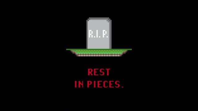 Comical pixel art animation: a tombstone falling from the sky on a grave (a piece of dirt with grass), with the text Rest In Pieces (word pun).