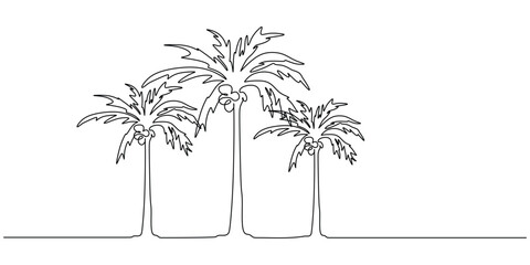Fototapeta na wymiar Palm coconut trees in the beach. Continuous one line art drawing. Sea view panorama vector illustration. Summer holiday concept.