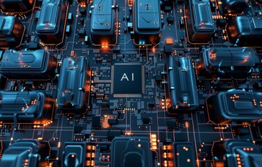 Detailed view of a computer circuit board showing intricate components and circuitry. Artificial intelligence pc chip Technology