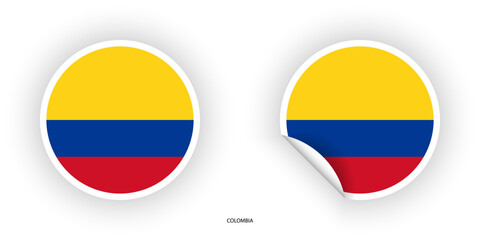 Colombia sticker flag icon set in circle and circular with peel off shape on white background.