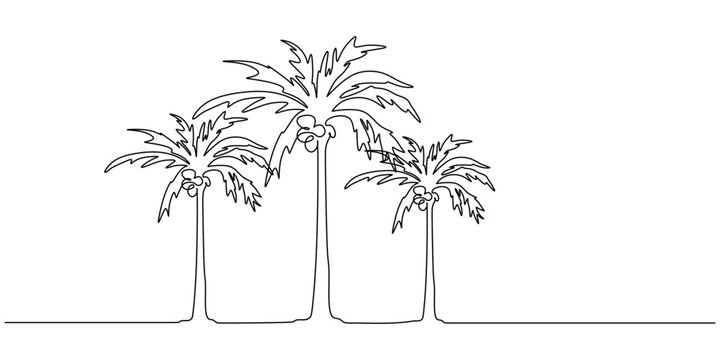Palm coconut trees in the beach. Continuous one line art drawing. Sea view panorama vector illustration. Summer holiday concept.