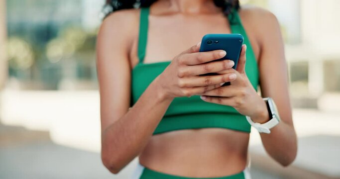 Search, phone or hands of fitness woman in city with online map, guide or checking running route for training closeup. Smartphone, google it or lady runner with app for travel, navigation or workout