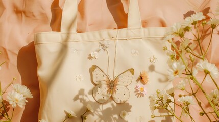 canvas tote bag adorned with a vibrant floral pattern and fluttering butterflies, set against a pastel pink backdrop
