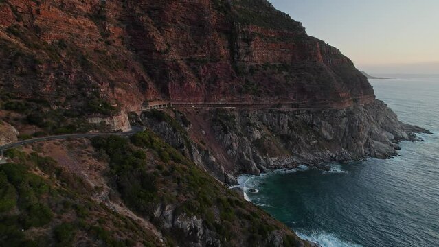 Scenic View Of Chapman's Peak Drive During Sunset In Cape Town, South Africa - Drone Shot