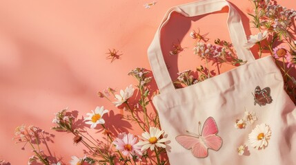 tote bag decorated with a whimsical bouquet of flowers and butterflies on a sweet pink background