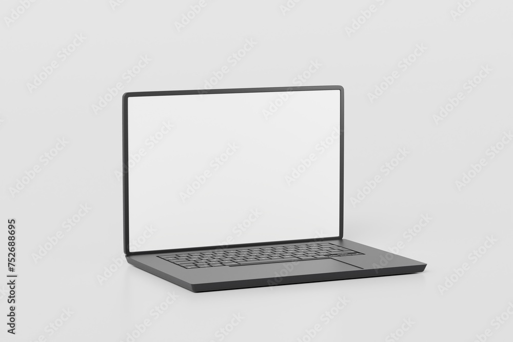 Poster 3d realistic laptop computer notebook device with blank white screen display on isolated white backg