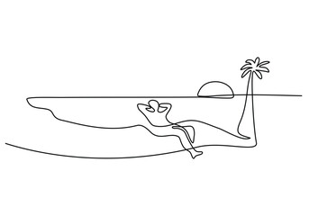 Holiday one line drawing. People feels happy in the beach. Relax and fresh feeling.