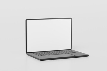 3d Realistic laptop computer notebook device with blank white screen display on isolated white background. 3d Black laptop computer notebook. minimal creative design icon. 3d rendering. illustration.