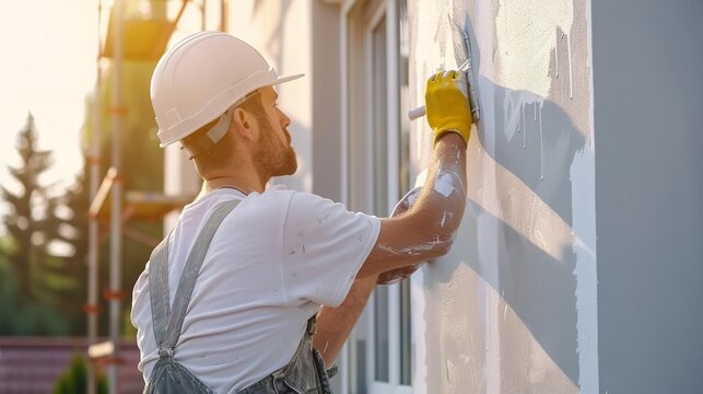 Close shot of a worker painting new build house wall outside a close shot with a big space for text or product, Generative AI.