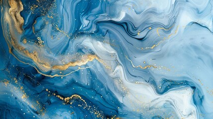 Marble abstract acrylic background. Blue marbling artwork texture. Agate ripple pattern. Gold powder.