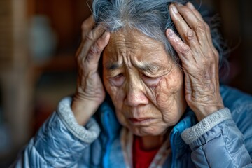 An aged Asian woman, suffering from memory disorders, Alzheimers disease, and senile dementia, holds her head with both hands in a gesture of distress and confusion.