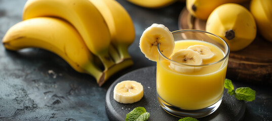 Glass of freshly squeezed banana juice with ripe bananas - copy space available - Powered by Adobe