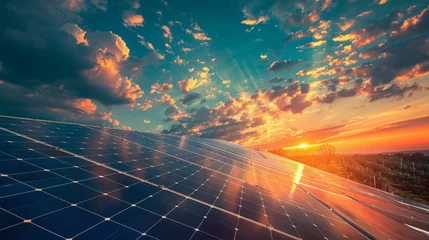 Fotobehang solar energy panels on sunset sky background, photovoltaic power cell system green house eco industry. © RMTH
