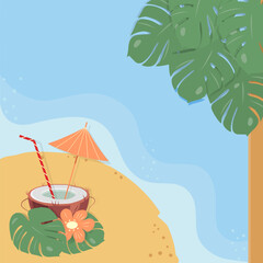 Cocktail in half coconut with straw, parasol, flower and palm leaves on sandy beach and sea backdrop
