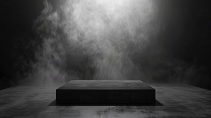 Black podium on dark background with smoke. 3d rendering, mock up. - obrazy, fototapety, plakaty