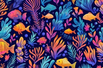 This underwater scene features a variety of colorful fish swimming among vibrant plants in a lively aquatic environment.