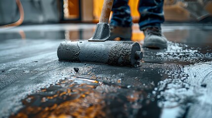 For self-leveling cement mortar for floors, use a master with a needle roller for fresh screed concrete with space for text or product, Generative AI. - obrazy, fototapety, plakaty