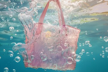 clear tote bag filled with air bubbles floats amidst a vibrant coral reef teeming with colorful fish