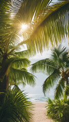 Tropical beach view through palm leaves with sunlight filtering through, evoking a serene and exotic ambiance.
