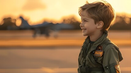 Smiling boy wearing a military pilot uniform in runway, future career concept