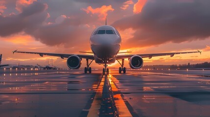 plane on runway in sunset time with sky and cloud - 752690057