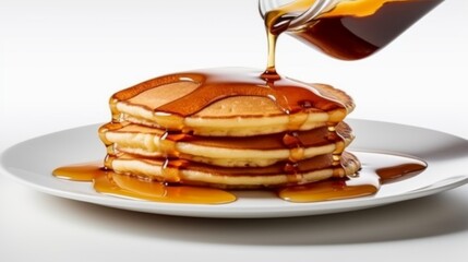 Pancakes with syrup isolated by white background. Generative AI