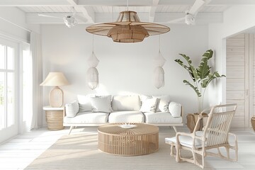 Coastal-inspired apartment layout with beachy decor, light colors, and airy ambiance, on isolated white background, Generative AI