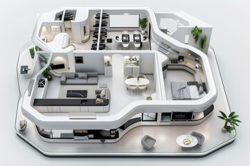 Futuristic apartment floor plan with modular furniture, flexible living spaces, and smart storage solutions, on isolated white background, Generative AI