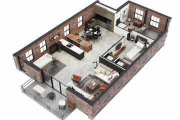 Industrial-style apartment floor plan featuring exposed brick walls, concrete floors, and modern furnishings, on isolated white background, Generative AI