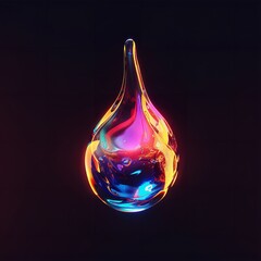 Generative AI illustration of a drop of water with a colorful close-up glowing against a black background 