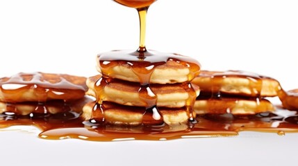 Pancakes with syrup isolated by white background. Generative AI
