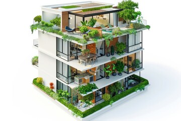 Sustainable apartment design with eco-friendly materials, energy-efficient appliances, and green building features, on isolated white background, Generative AI