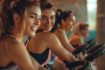 Fototapeta na wymiar Group of women energetically riding stationary bikes in a gym during a cycling class.