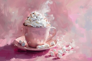 Pink hues surround a steaming mug of hot chocolate, topped with a delightful combination of whipped cream and marshmallows