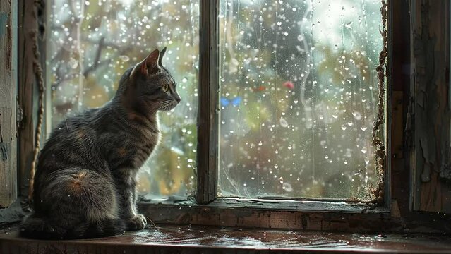 cat sits on the windowsill near an open window. rainy day with cute cat near a window. seamless looping overlay 4k virtual video animation background