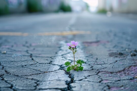 A small purple flower defies the odds by growing out of a crack in the road, showcasing natures resilience in unexpected places.