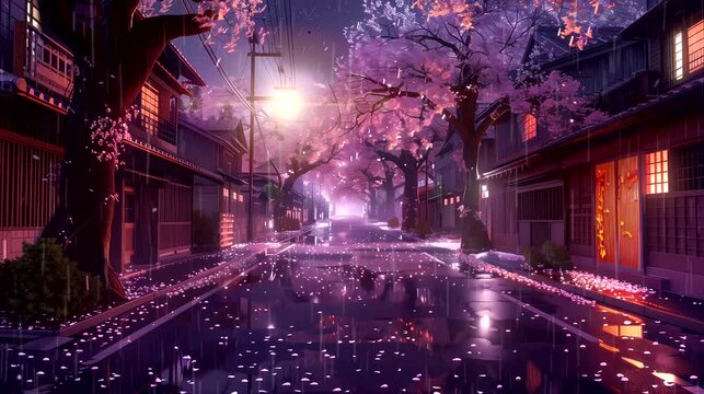 The enchantment of a cherry blossom-lined avenue during a gentle rain. Fantasy landscape anime or cartoon style, looping 4k video animation background