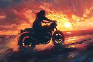 Woman Riding Motorcycle at Beach Sunset in Digital Painting Style